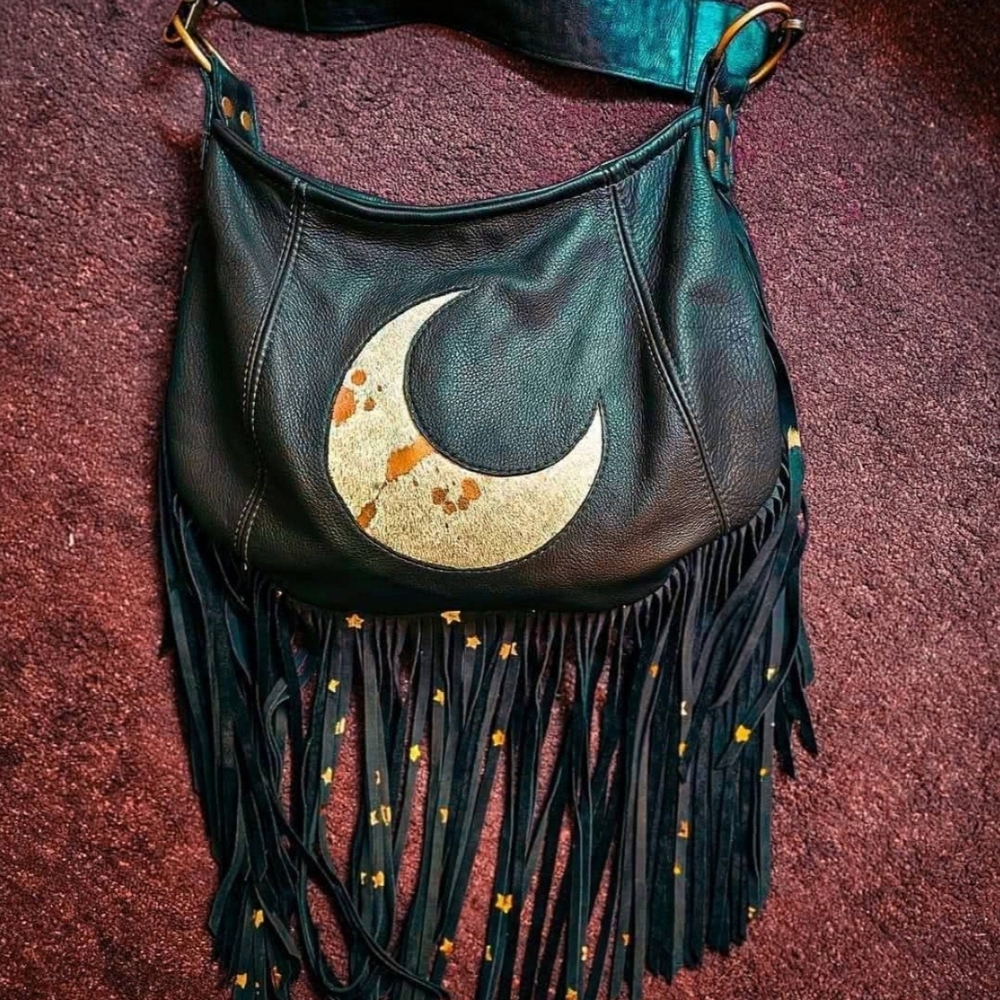 Black Fringe Bag with Moon Design